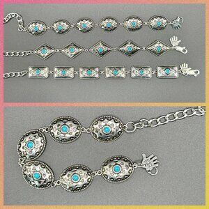 Faux Turquoise and Silver Tone Concho Chain Bracelet #1444
